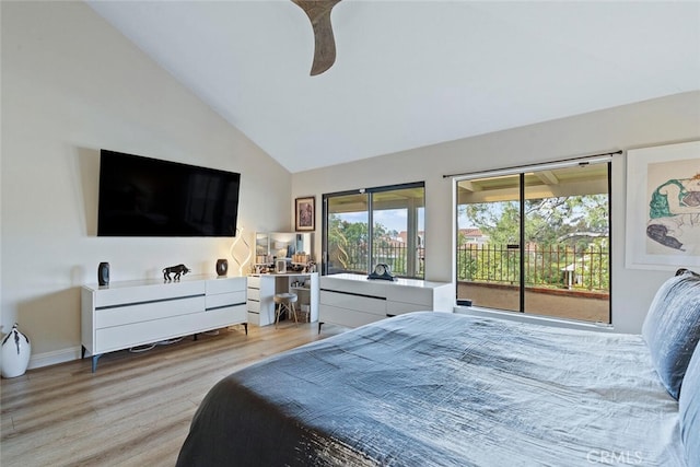 bedroom featuring high vaulted ceiling, access to outside, light wood finished floors, and ceiling fan