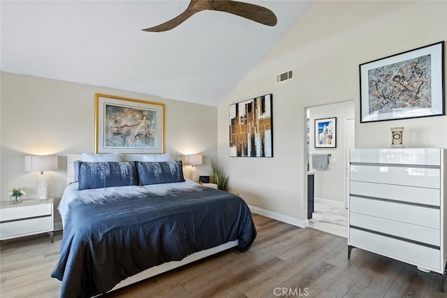 bedroom featuring high vaulted ceiling, a ceiling fan, baseboards, wood finished floors, and visible vents