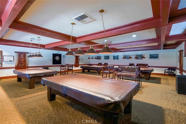 rec room featuring carpet, pool table, baseboards, visible vents, and coffered ceiling