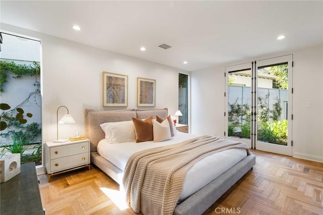 bedroom featuring access to exterior, recessed lighting, and visible vents