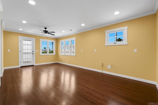 unfurnished living room with ceiling fan, recessed lighting, ornamental molding, and baseboards