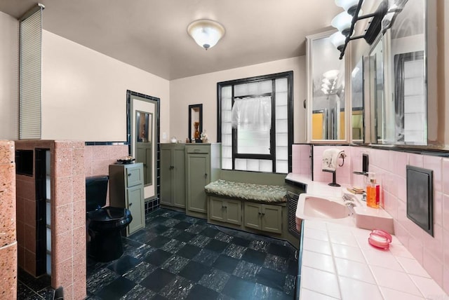 full bath with tile patterned floors and vanity