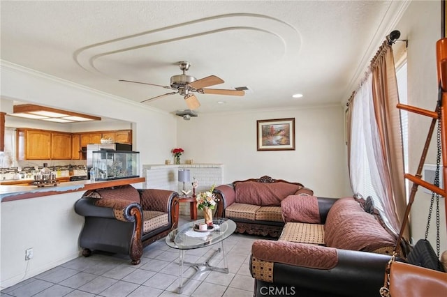 living room featuring light tile patterned flooring, plenty of natural light, and ornamental molding