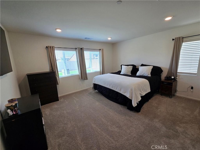 bedroom featuring recessed lighting, visible vents, and carpet floors