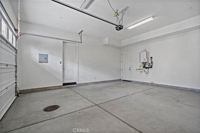 garage with water heater, electric panel, baseboards, and a garage door opener