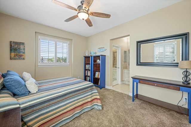 2185 Twain Ave, Carlsbad, CA 92008 - bedroom with light carpet, connected bathroom, and ceiling fan