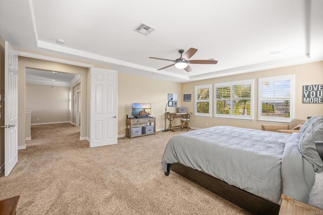 2185 Twain Ave, Carlsbad, CA 92008 - bedroom featuring a tray ceiling, light carpet, baseboards, and ceiling fan