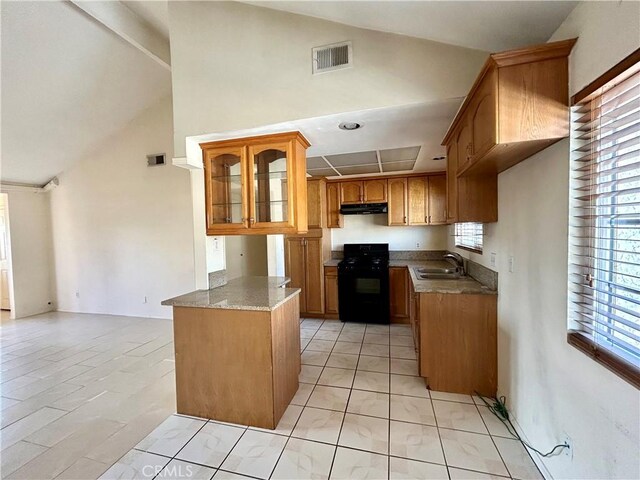 2635 W Monte Carlo Dr Unit 42, Santa Ana, CA 92706 - kitchen with black range with gas cooktop, under cabinet range hood, brown cabinetry, glass insert cabinets, and a sink