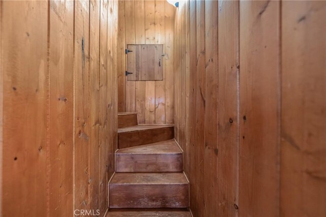 staircase featuring wood walls