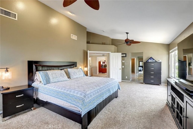 bedroom featuring visible vents, baseboards, ceiling fan, and light carpet