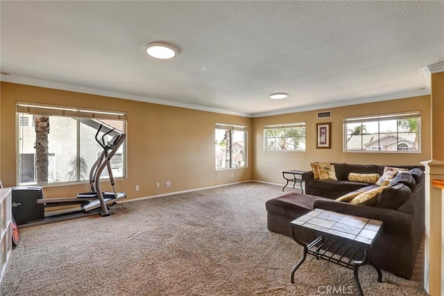 carpeted living room with visible vents, ornamental molding, and baseboards