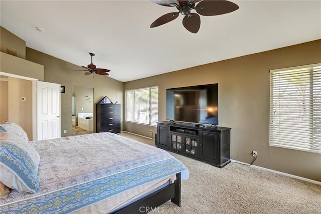 carpeted bedroom featuring baseboards, a ceiling fan, and lofted ceiling