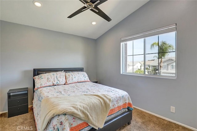 bedroom with vaulted ceiling, baseboards, carpet flooring, and recessed lighting