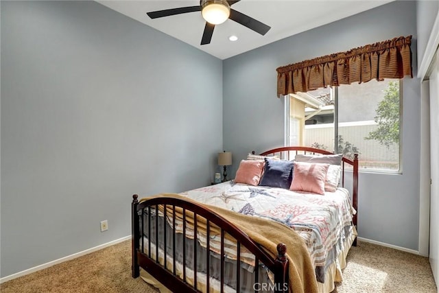 bedroom featuring recessed lighting, baseboards, ceiling fan, and carpet