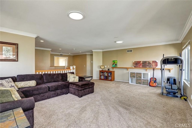carpeted living area featuring crown molding, recessed lighting, baseboards, and visible vents