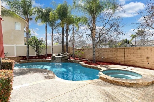 view of swimming pool with a fenced backyard, a patio, and a pool with connected hot tub