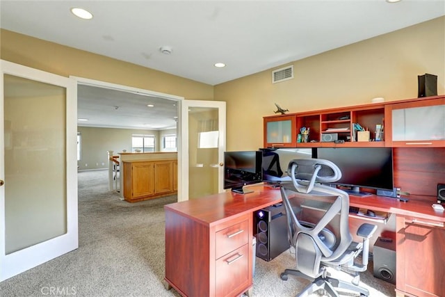 office with light carpet, recessed lighting, and visible vents