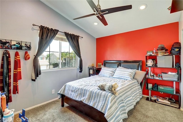 bedroom with ceiling fan, carpet floors, recessed lighting, baseboards, and vaulted ceiling