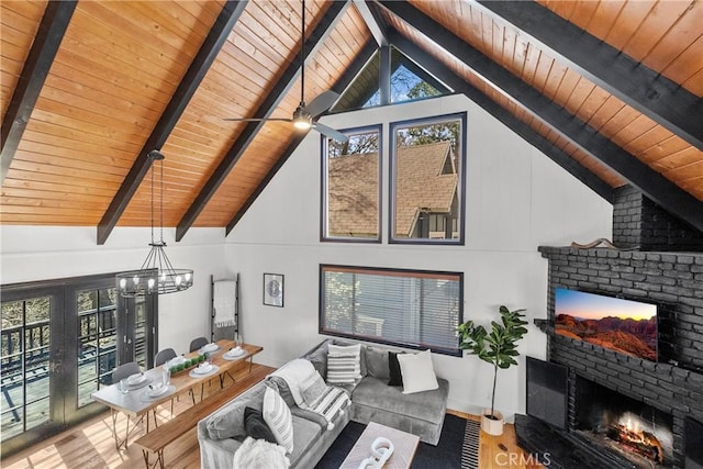 28886 Cedar Dr, Lake Arrowhead, CA 92352 - living area with wood ceiling, a fireplace, wood finished floors, and a chandelier