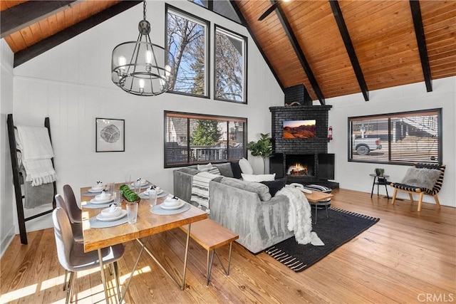 28886 Cedar Dr, Lake Arrowhead, CA 92352 - living area featuring wooden ceiling with exposed beams, a chandelier, wood finished floors, high vaulted ceiling, and a fireplace