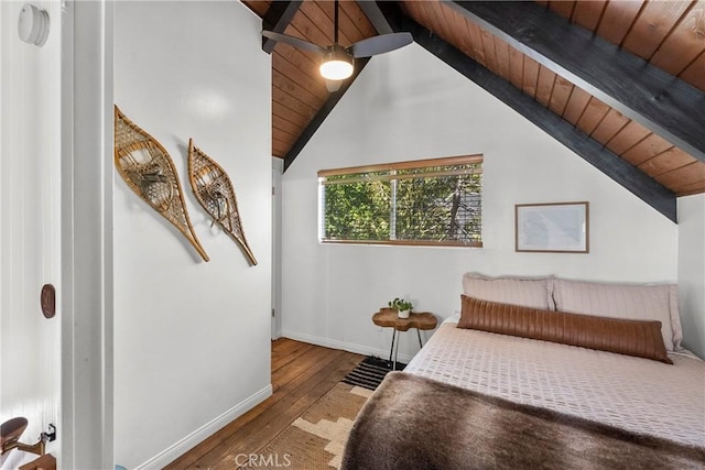 28886 Cedar Dr, Lake Arrowhead, CA 92352 - bedroom with hardwood / wood-style flooring, baseboards, wooden ceiling, and a ceiling fan