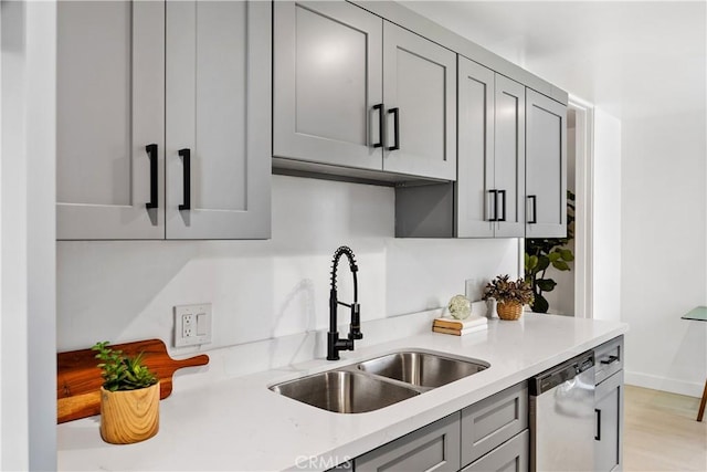 5301 Balboa Blvd Unit M4, Encino, CA 91316 - kitchen with gray cabinets, dishwashing machine, a sink, light wood-style floors, and baseboards