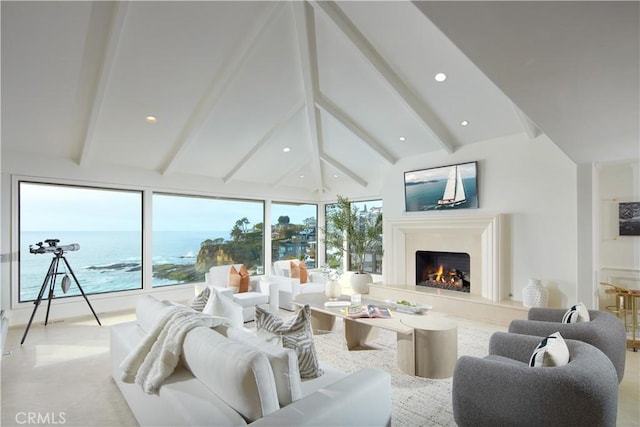 13 Lagunita Dr, Laguna Beach, CA 92651 - living area with recessed lighting, beam ceiling, high vaulted ceiling, and a warm lit fireplace