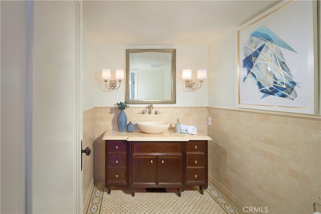 13 Lagunita Dr, Laguna Beach, CA 92651 - bathroom featuring tile patterned floors, wainscoting, tile walls, and vanity