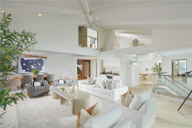 13 Lagunita Dr, Laguna Beach, CA 92651 - living area featuring beam ceiling, recessed lighting, and high vaulted ceiling