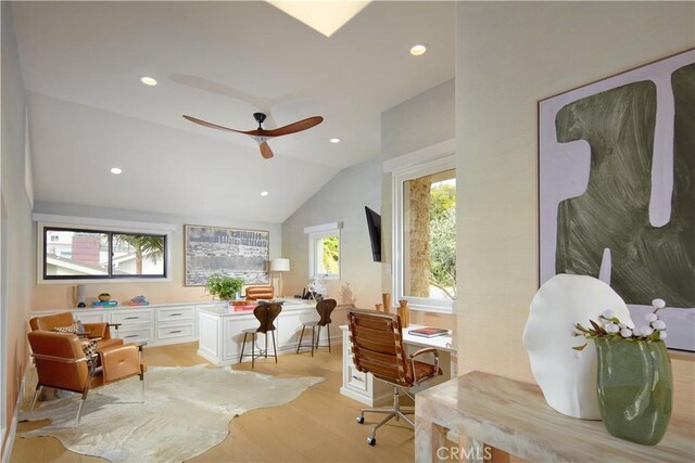 13 Lagunita Dr, Laguna Beach, CA 92651 - office featuring recessed lighting, light wood-type flooring, ceiling fan, and vaulted ceiling