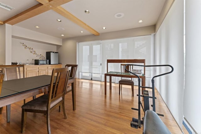 6330 Genesee Ave Unit 119, San Diego, CA 92122 - dining space featuring beamed ceiling, light wood-style flooring, and recessed lighting