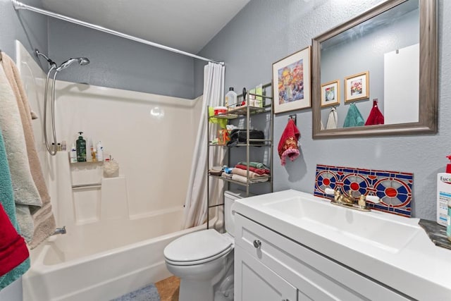 6330 Genesee Ave Unit 119, San Diego, CA 92122 - full bathroom with shower / bath combo with shower curtain, toilet, a textured wall, and vanity