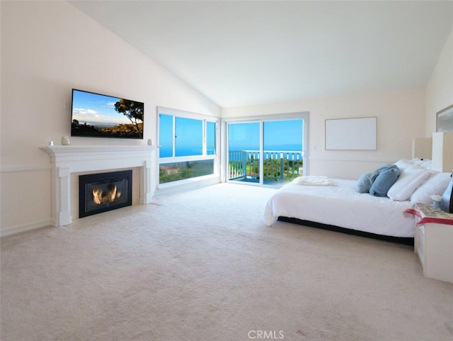 49 Country Ln, Rolling Hills Estates, CA 90274 - carpeted bedroom featuring high vaulted ceiling, a fireplace with flush hearth, and access to outside