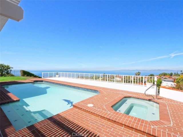 49 Country Ln, Rolling Hills Estates, CA 90274 - view of pool with a fenced in pool, a water view, an in ground hot tub, and a patio