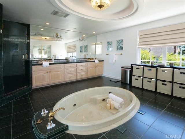 49 Country Ln, Rolling Hills Estates, CA 90274 - bathroom with visible vents, a shower stall, double vanity, a tub with jets, and tile patterned flooring