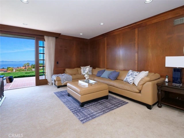49 Country Ln, Rolling Hills Estates, CA 90274 - living area with recessed lighting, wood walls, carpet, and visible vents