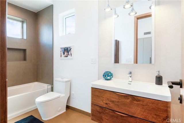 full bath featuring vanity, toilet, baseboards, and visible vents