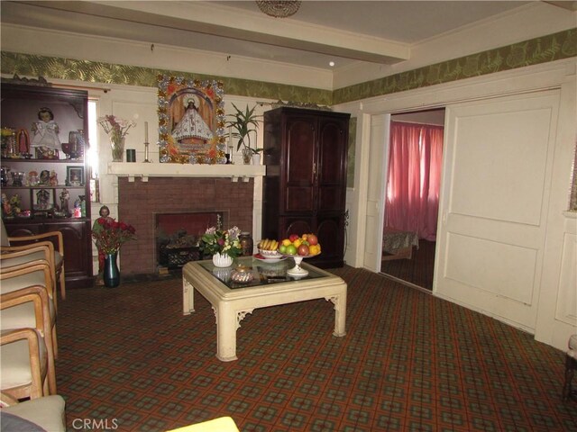 2956 W 15th St, Los Angeles, CA 90006 - carpeted living room featuring ornamental molding, a fireplace, and beam ceiling