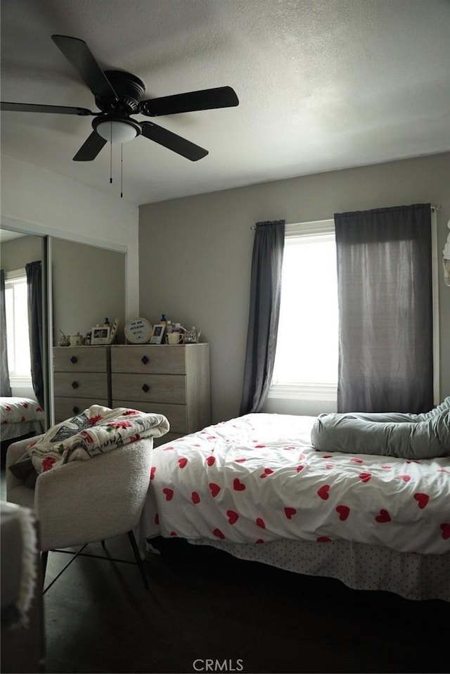 bedroom featuring a closet, multiple windows, and a ceiling fan