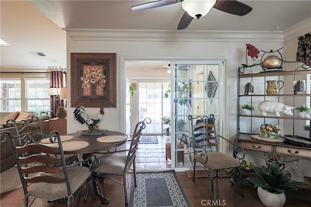 dining room with crown molding, a wealth of natural light, and ceiling fan