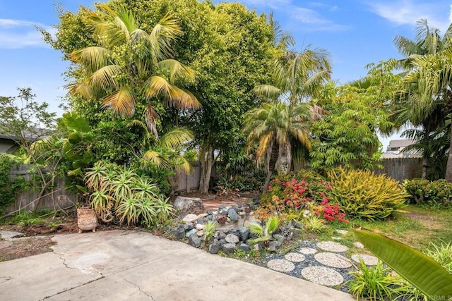 view of yard featuring fence and a patio area