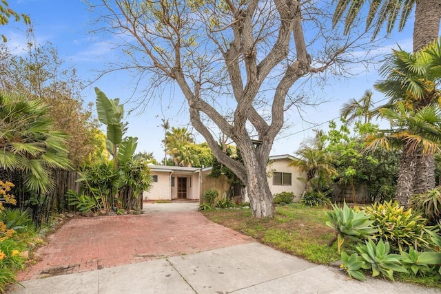 single story home with fence and stucco siding