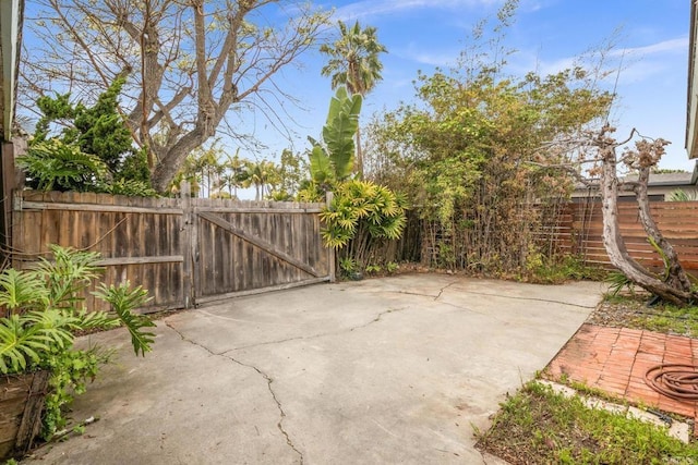 view of patio featuring fence and a gate
