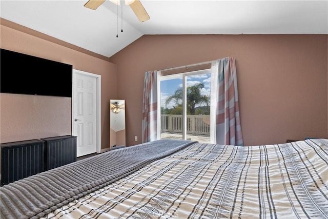 unfurnished bedroom with a ceiling fan, vaulted ceiling, and access to exterior