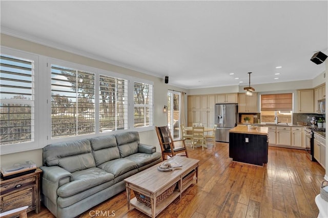 11 Spring View Way, Rancho Santa Margarita, CA 92688 - living room featuring crown molding, light wood-style floors, and recessed lighting