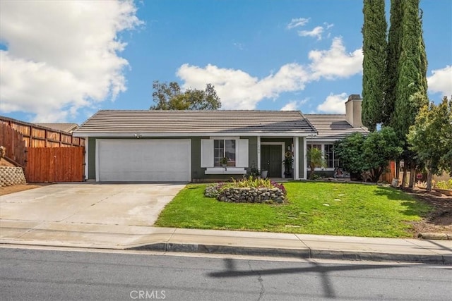 single story home featuring a garage, a tile roof, a front lawn, and fence