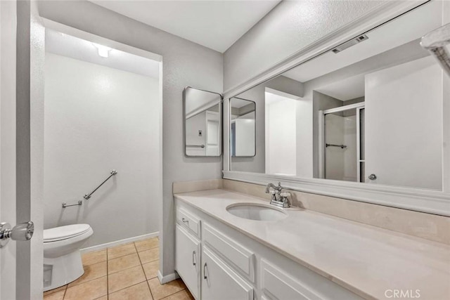 bathroom featuring vanity, visible vents, a stall shower, tile patterned flooring, and toilet