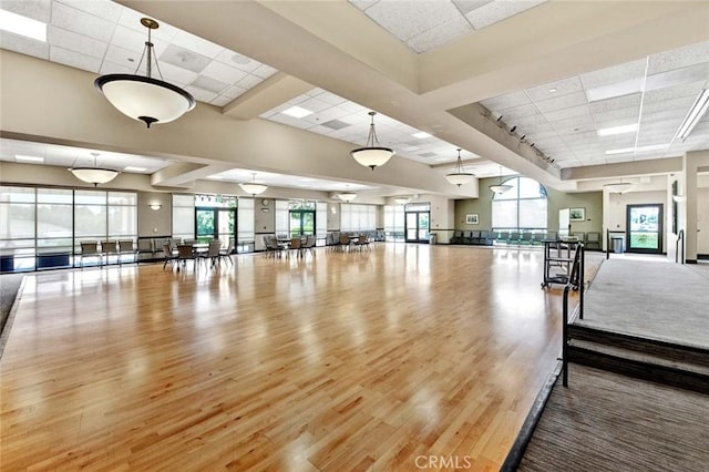 interior space featuring wood finished floors and a drop ceiling