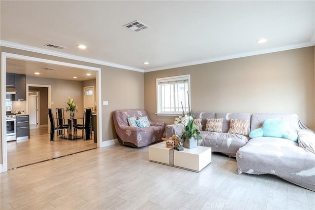 2634 Blandford Dr, Rowland Heights, CA 91748 - living room featuring light wood finished floors, visible vents, recessed lighting, and ornamental molding