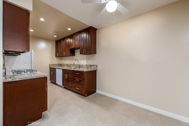 1271 E 7th St, Long Beach, CA 90813 - kitchen featuring baseboards, white appliances, ceiling fan, a sink, and dark brown cabinetry